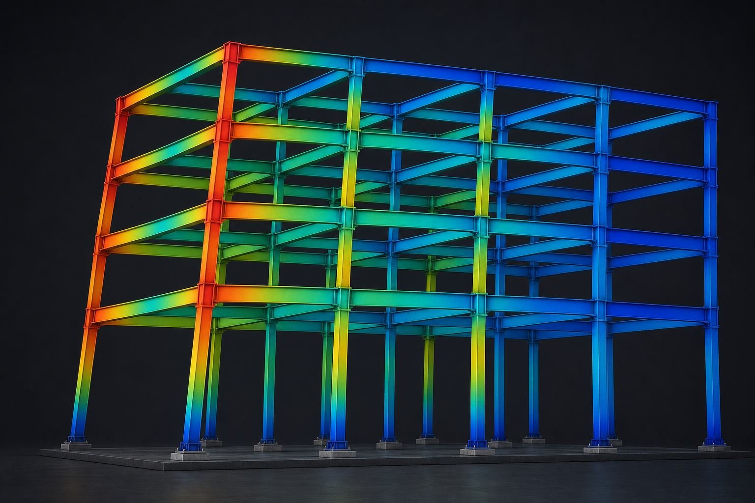 Color-mapped force contours on a steel moment frame under lateral load