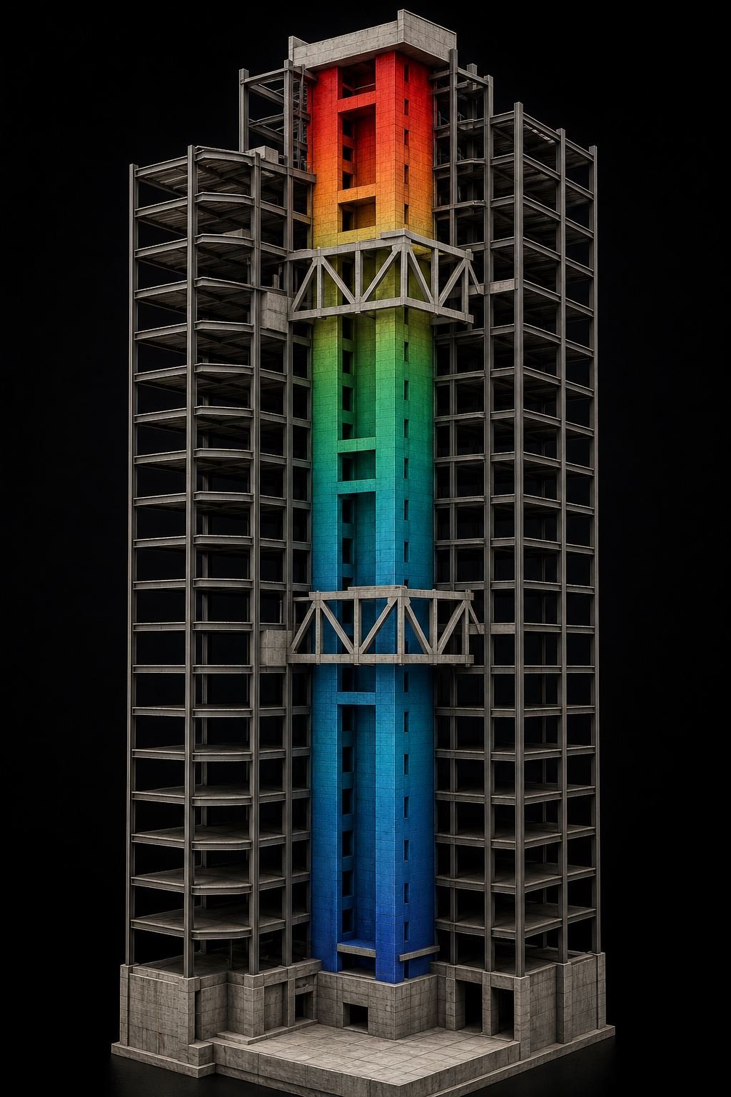 High-rise building core, outriggers, and perimeter frame